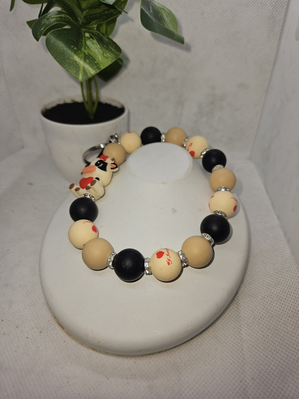 Handmade Beaded Wristlet with Black, Cream & Tan Beads